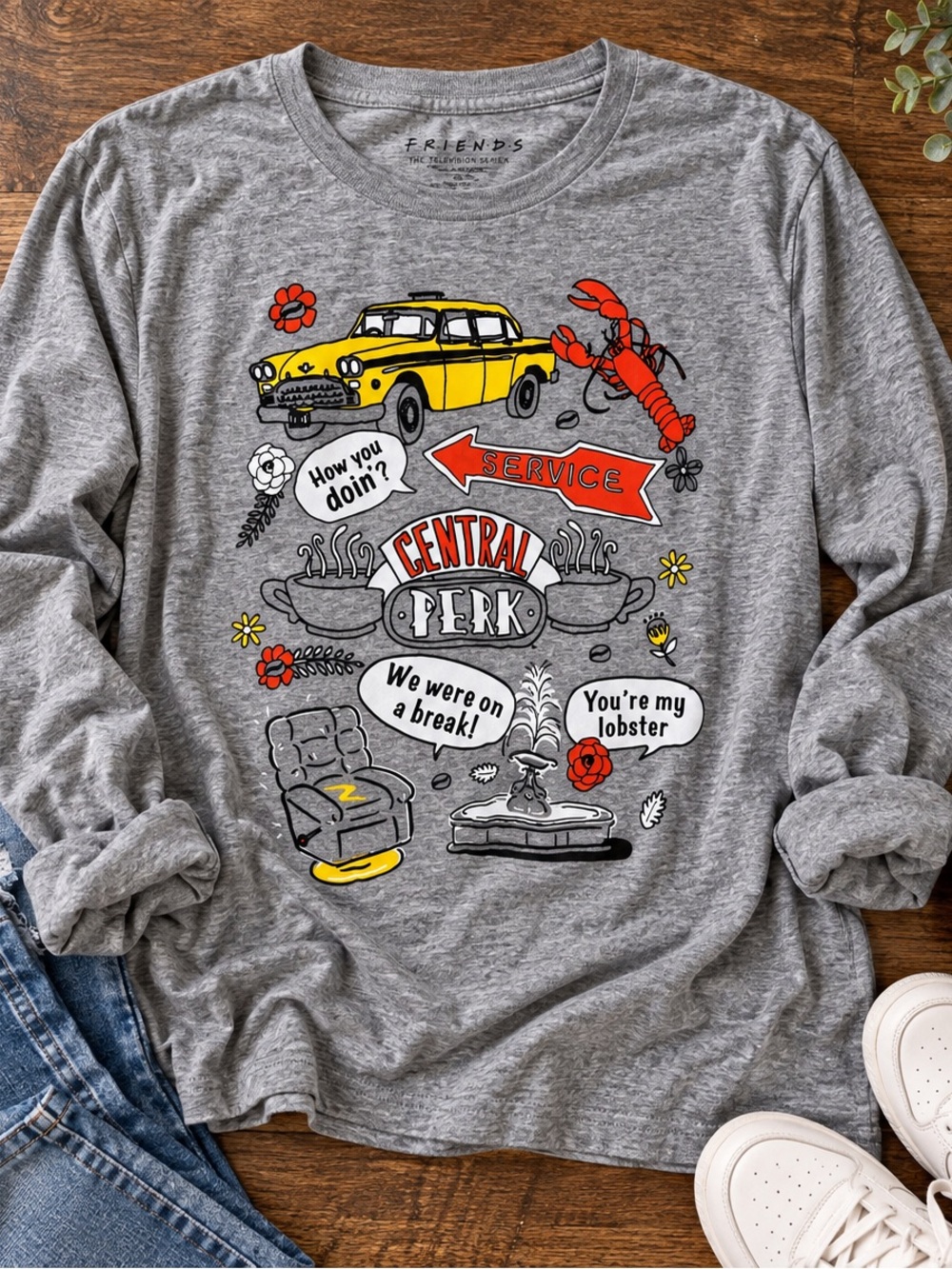Friends Central Perk Graphic Long Sleeve Shirt Women’s L Gray TV Quotes